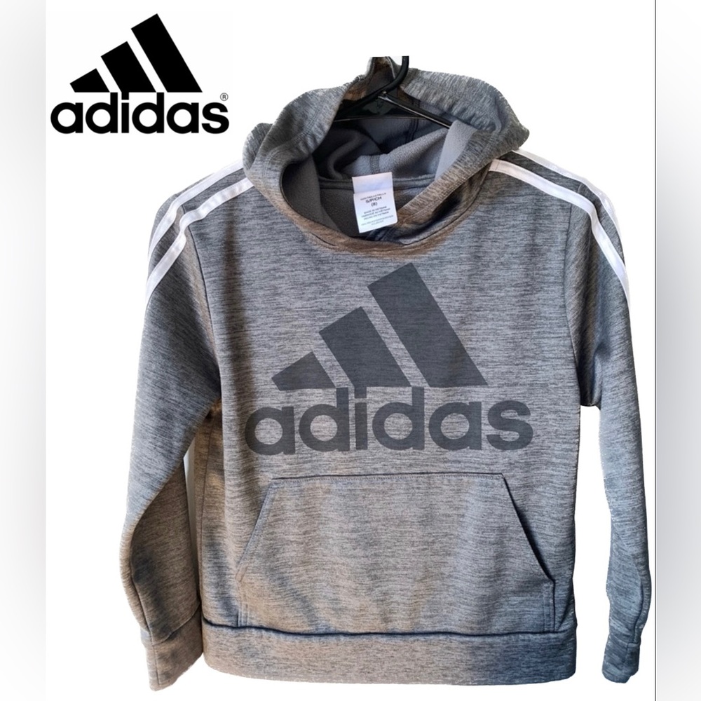Adidas Youth Gray Pullover Hoodie Large Logo White Stripes on Sleeves Small/8